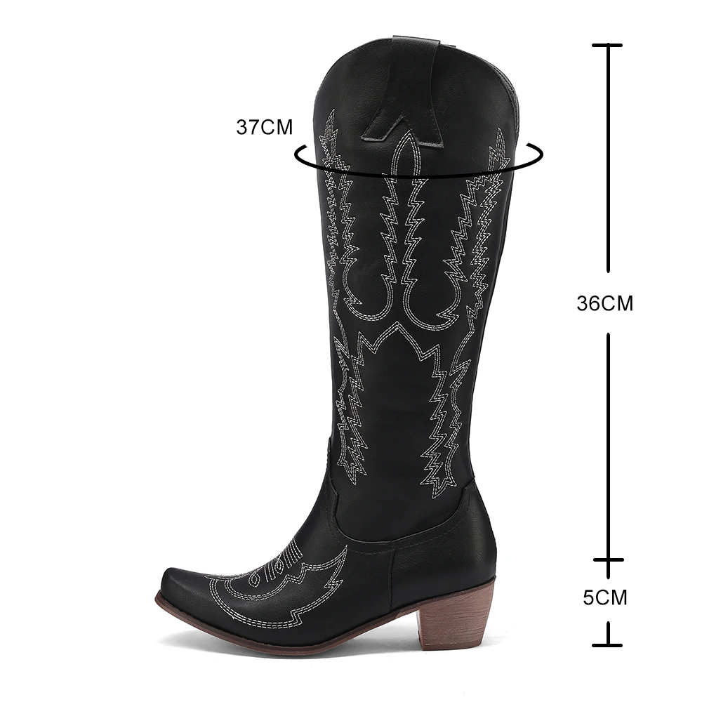 Dropshipping Embroider Women knee Hight Boots Heels Retro Knight Boots Female Genuine Botas Western Cowboy Sale Boots for Womens