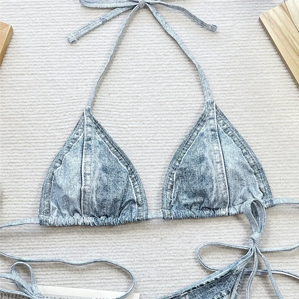 Dżinsowe stroje kąpielowe String Halter Triangle Thong Micro Bikini Sets Sexy Swimsuit Women 2025 Tie Side Strój kąpielowy Bikini Beach Wear