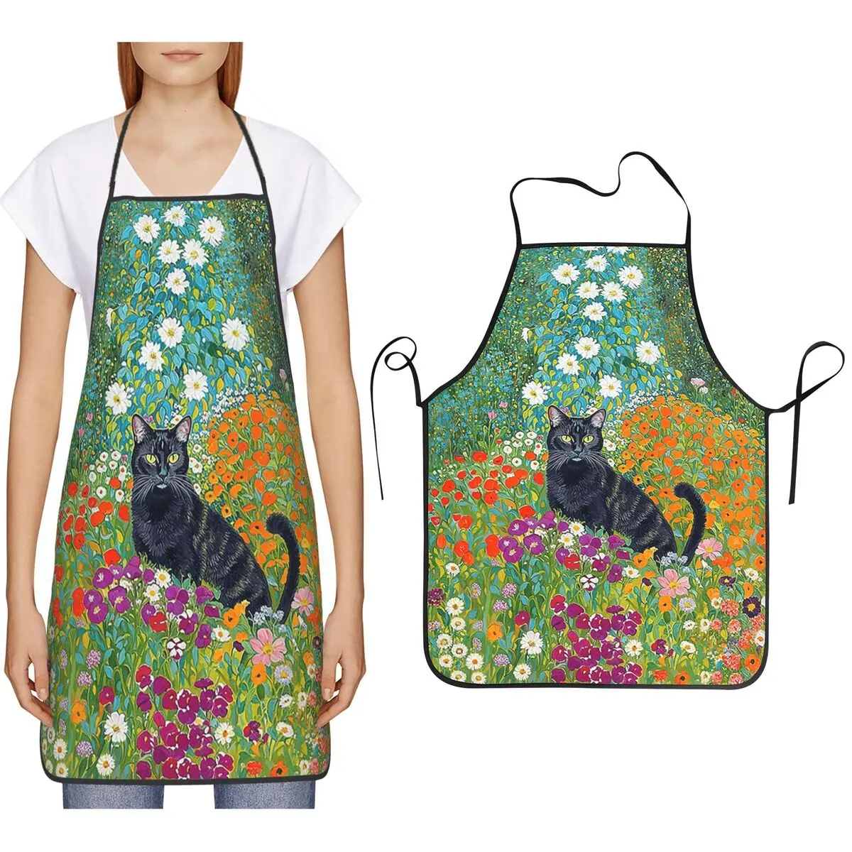 

Klimt Black Cat Flower Garden Apron Chef Cooking Baking Tablier Bib Kitchen Cleaning Pinafore for Women Men Painting