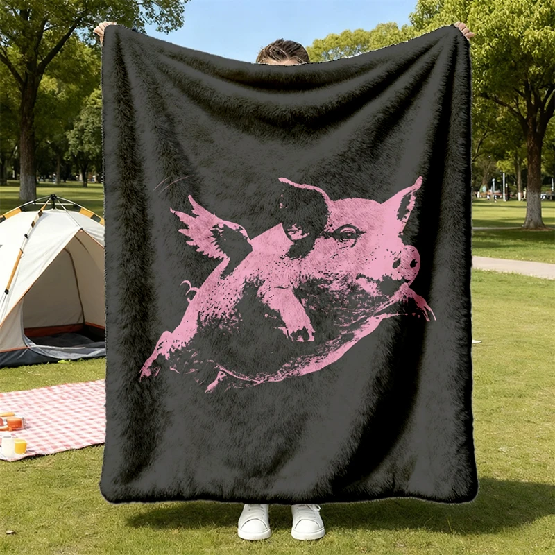 Flying Pig Flannel Blanket, Pink Wings Throw, Funny Animal Graphic Gift
