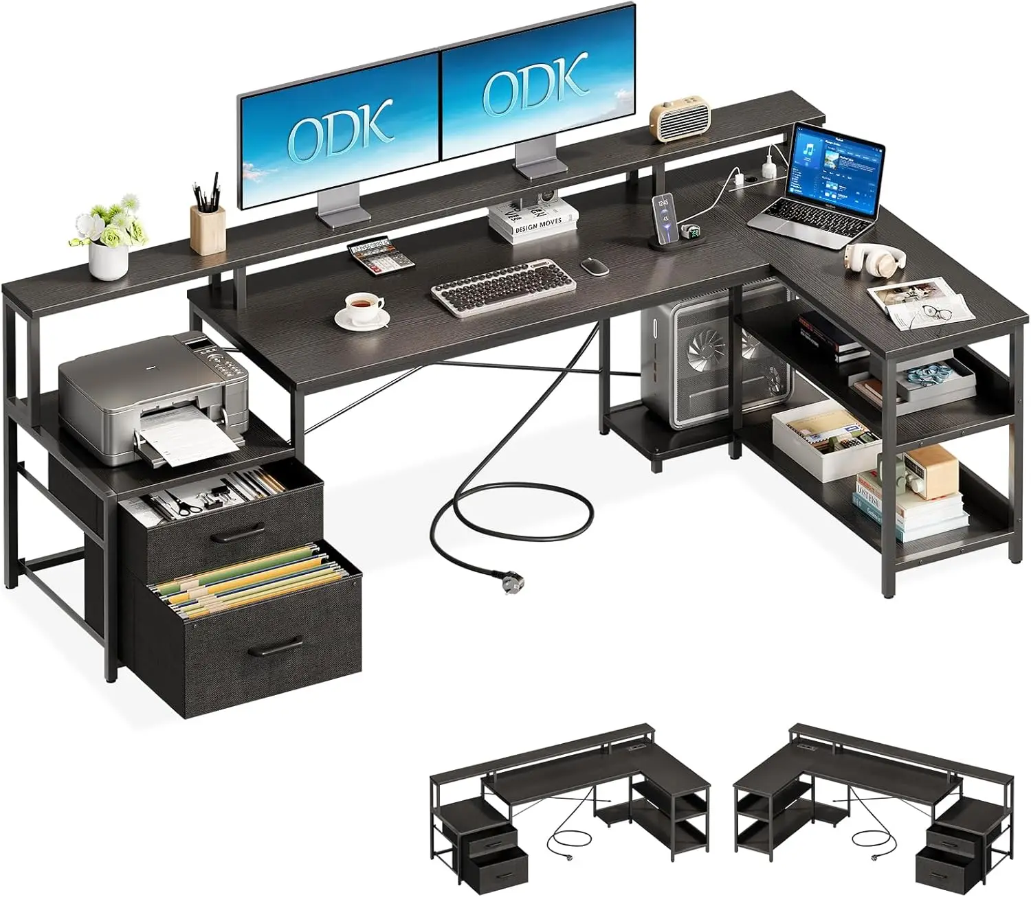 Coleshome bureau met laden, 189,3×100cm omkeerbaar hoekbureau groot met 2 stopcontacten en USB-oplaadpoort, wit