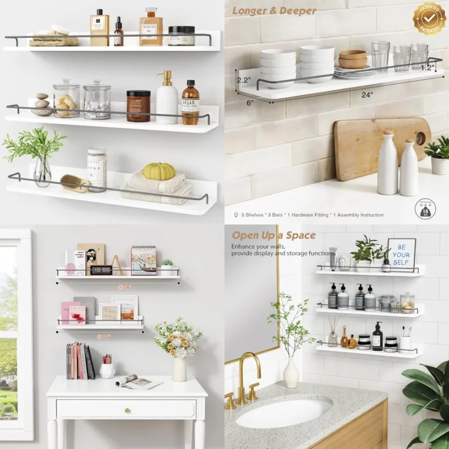 

Floating Shelves for Wall Long, Modern White Wall Shelvg Unit for Bedroom, Wood Hanging Shelf for Kitchen Bathroom Living Room