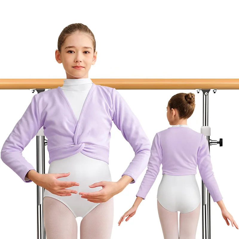 ﻿   Justaucorps de danse de Ballet à manches longues et col en v pour filles, Cardigan enveloppant de danse de gymnastique pour enfants, hauts avec pull de danse intérieure en velours
