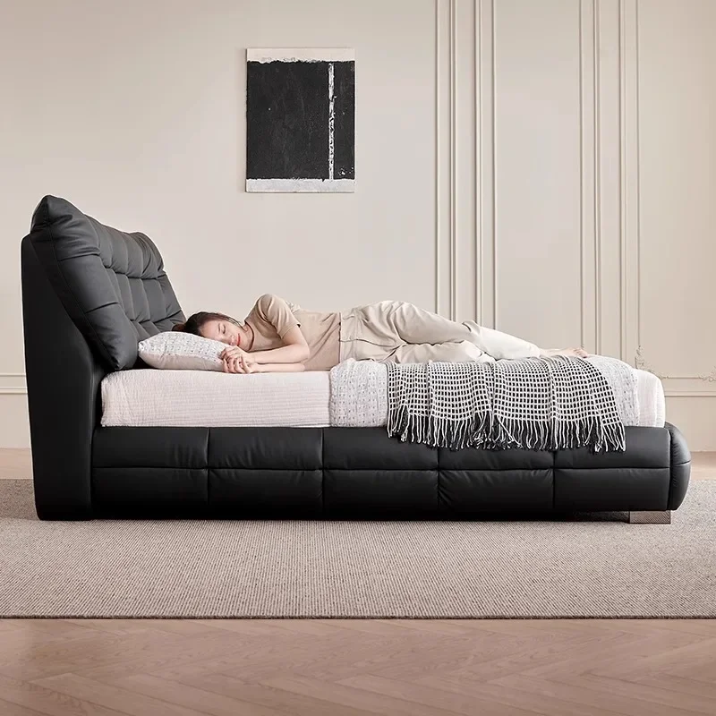 Big black bear leather bed modern simple small apartment first layer cowhide