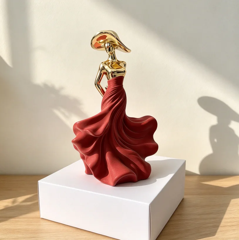 Modern Abstract Woman Figurine Resin Sculpture Flocking Gown Golden Hat Desktop Decoration for Home Wedding Gift