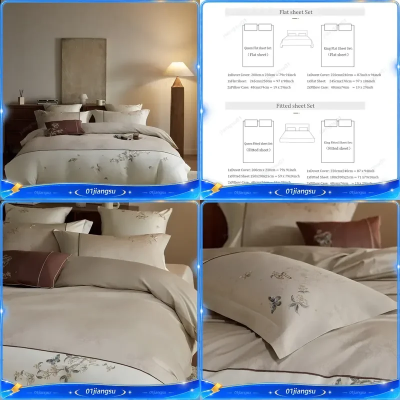 Luxury Butterfly Flower Embroidery Bedding Set 600TC Egyptian Cotton Jacquard Duvet Cover Sheet Pillowcase Home Textile