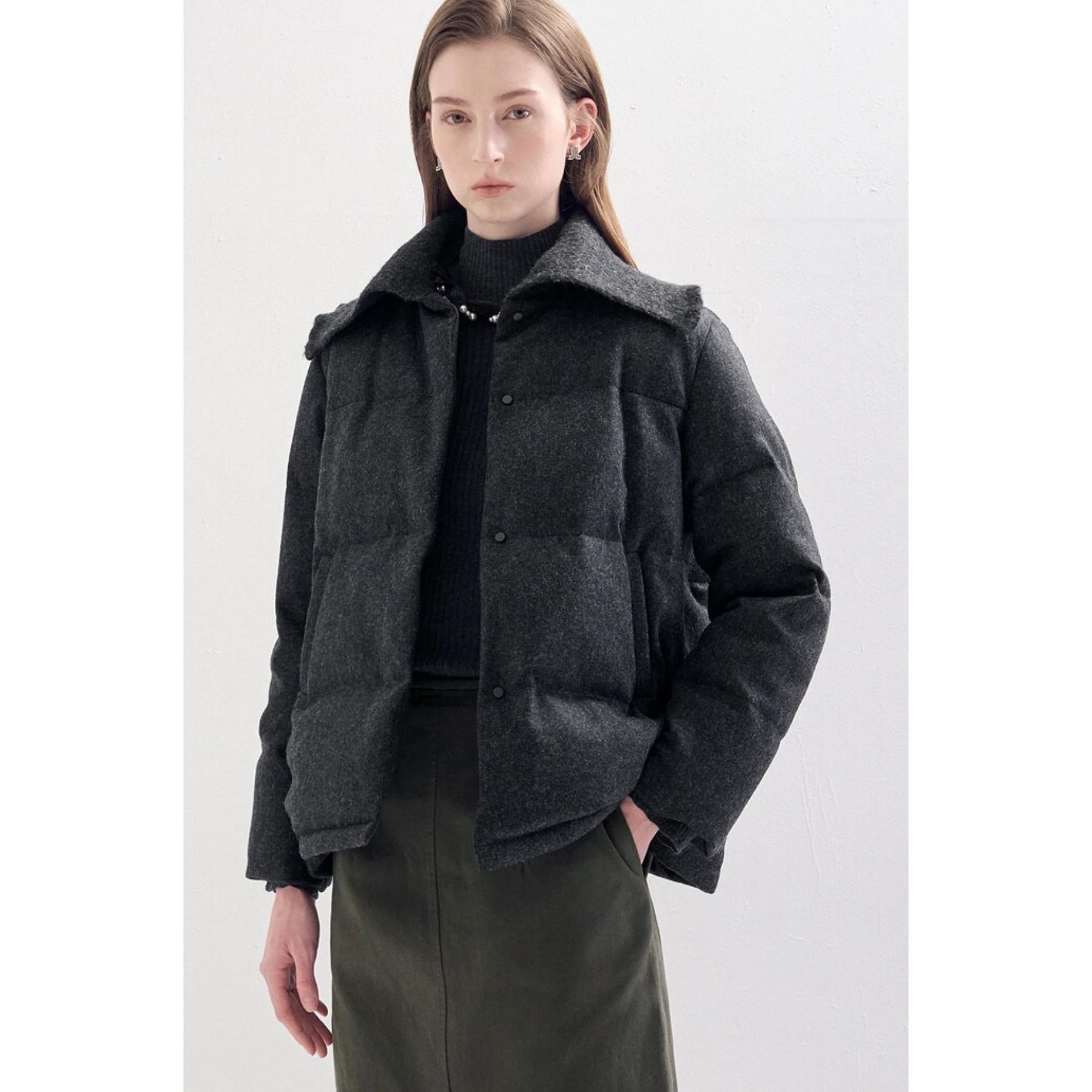 Lemon Cheese LAN Winter Thiened Woolen Fabric Goose down Coat with Ruffle Collar Versatile Commute Sle Long Sve Zipper