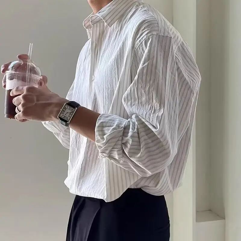 

Spring Large Size 250 Pounds Striped Men's Casual Shirt Fashionable Japanese Style Outerwear Long Sleeve Loose Fit Youth Trend