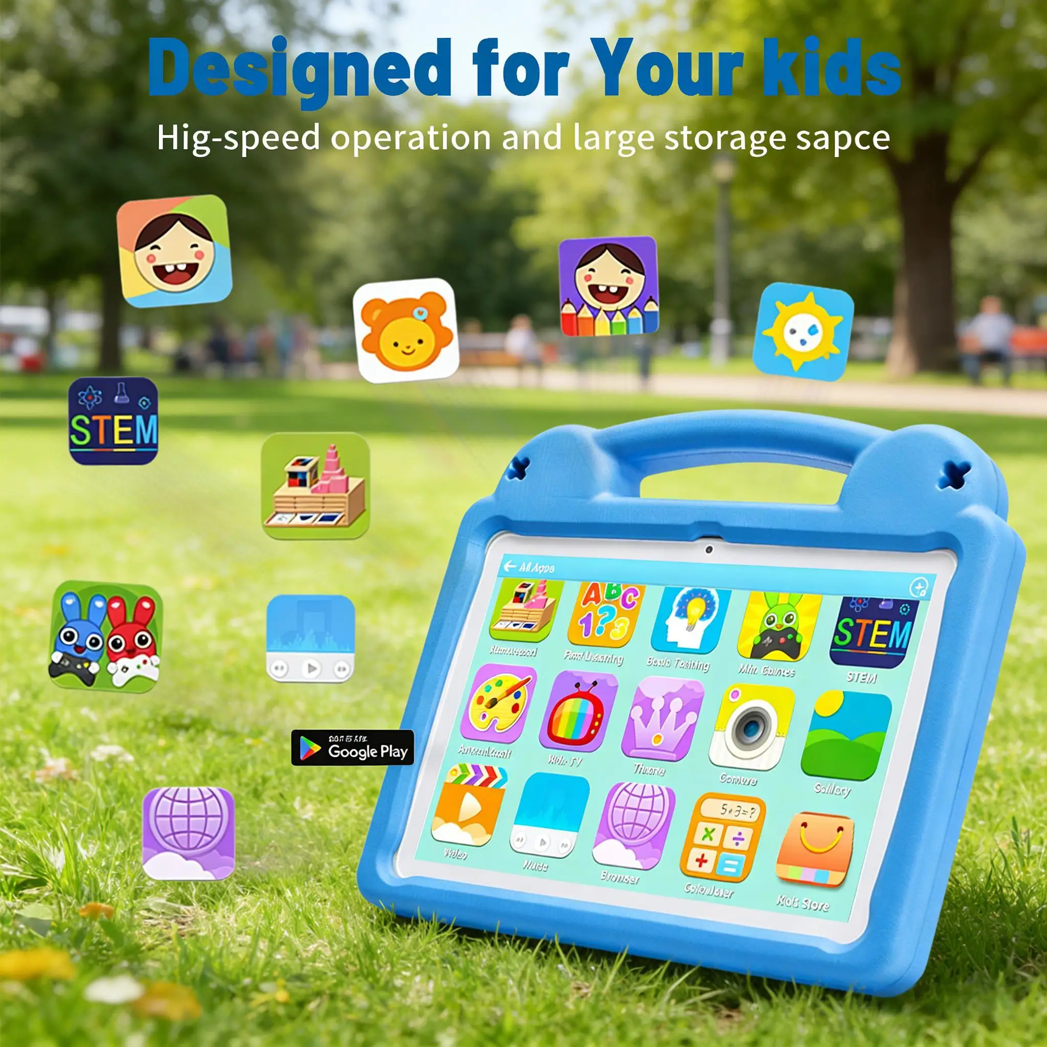 ANRY Children's Learning Tablet 10.1 Inch Android 15 8GB RAM 64GB ROM 5000mAh Battery Eye Care Shockproof Silicone Case for Kids