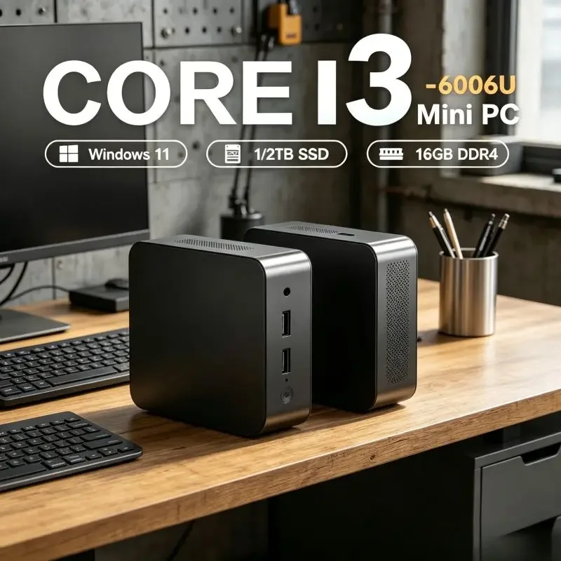 

Space-saving Mini Desktop PC, Core I3-6006U, 16GB SSD, Win11, WiFi6 Transmission and 4K, Effortless to Operate at Home or Office