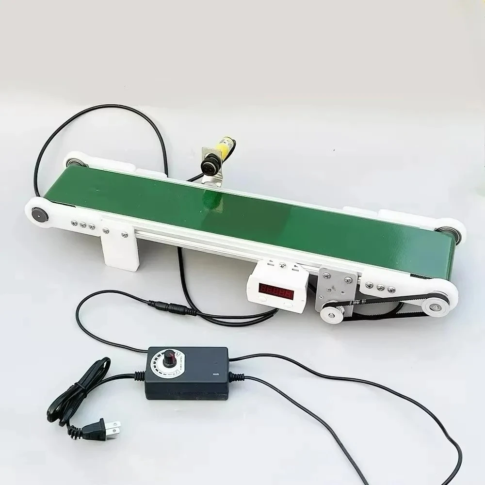 

Маленький настольный конвейер, ленточный конвейер 10x50 см с фотоэлектрическим счетчиком, пластиковая сборная модель из полипропилена, регулируемая скорость