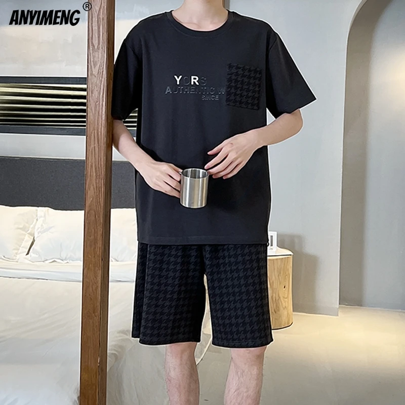 Summer Cotton Short Sleeved Men\'s Pajamas Set Male Sleepwear Plaid Pants Pajama for Men L-3XL Pajamas for Men Soft Pijamas