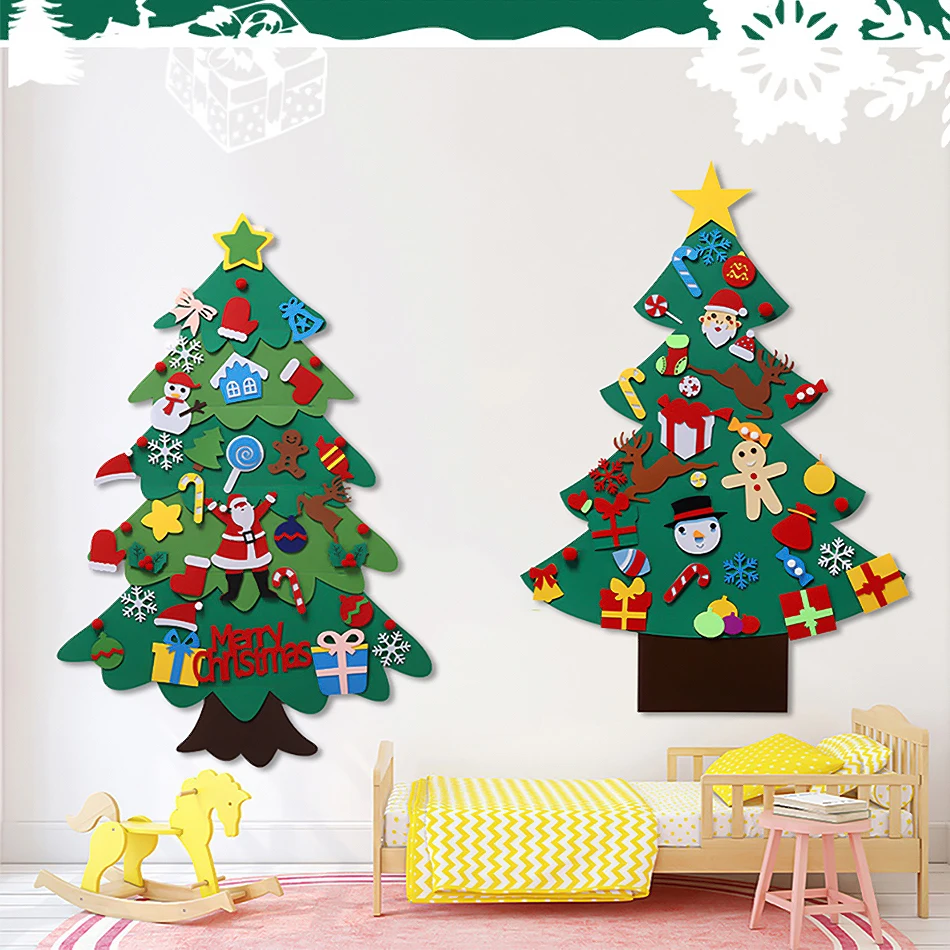 مجموعة شجرة عيد الميلاد من اللباد بنفسك مع 26-32 حلي وأضواء سلسلة LED للأطفال الصغار هدية السنة الجديدة هدايا عيد الميلاد جدار باب المنزل