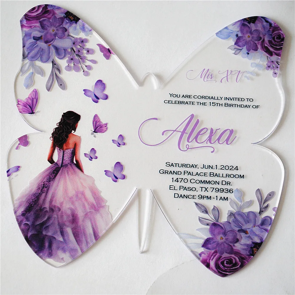 10pcs Girl Sweet 16 Birthday Bar Mitzvah Quinceanera Invitation Card Clear Acrylic Butterfly Custom Print Invite