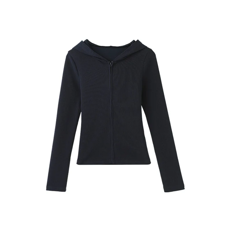 Damska bluza z kapturem na jesień 2025, nowa, dopasowana, jednolita, dzianinowa kardigan, koreański uniwersalny top.