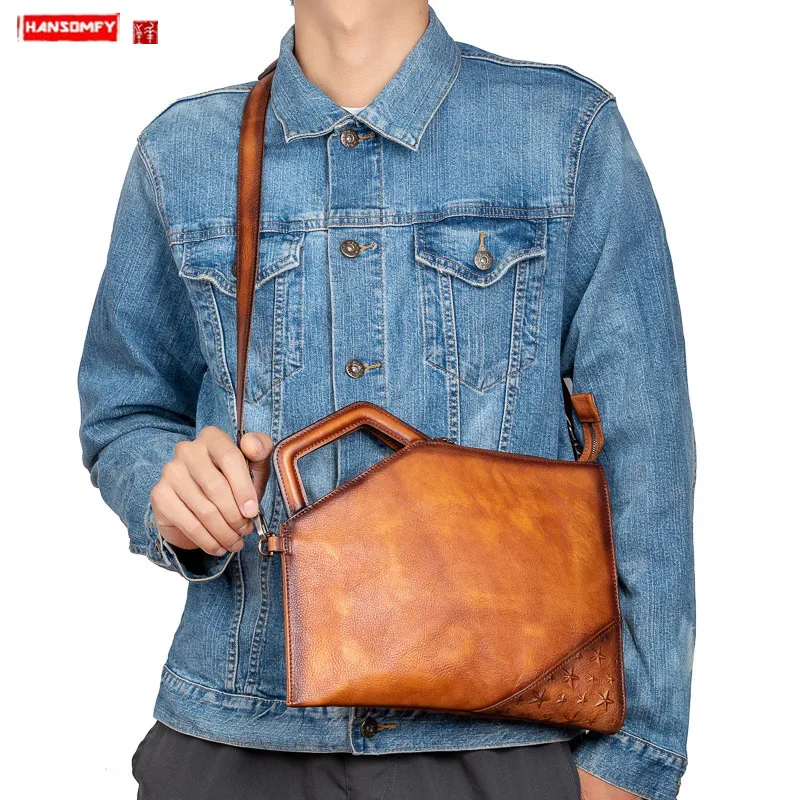 2026 New Vintage Leather Men Clutch Bag Large Capacity IPAD handbag Men Wallets Phone Pocket zip Long Purse shoulder messenger