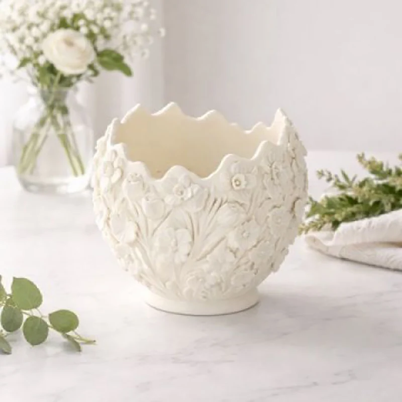 3D Printed Spring Floral Egg Shaped Vase White Embossed Lace Vintage European Style Flower Pot Home Decor