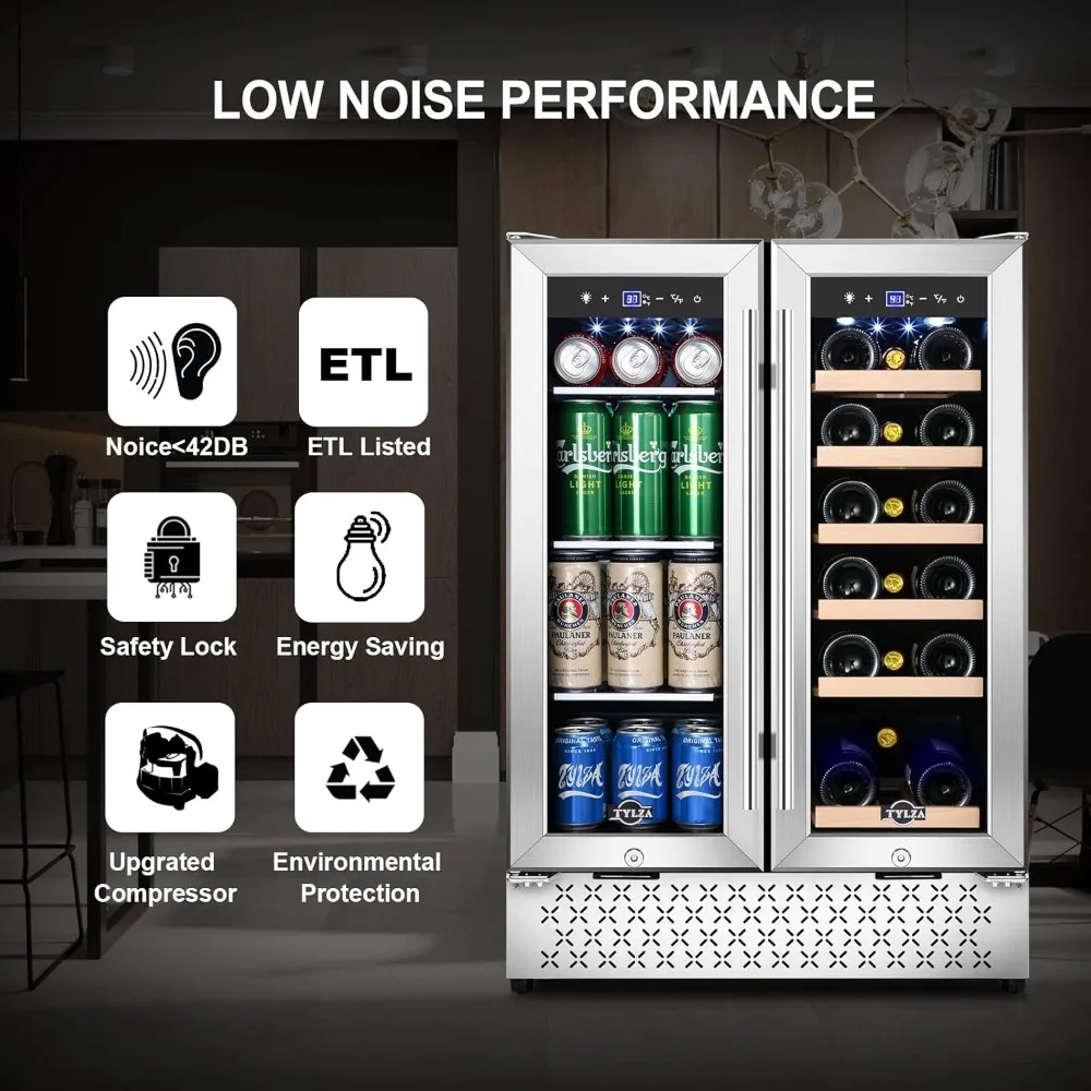 Lodówka na wino i napoje 24-calowa podwójna strefa, lodówka na wino i napoje z francuskimi drzwiami, wbudowana 24 cale