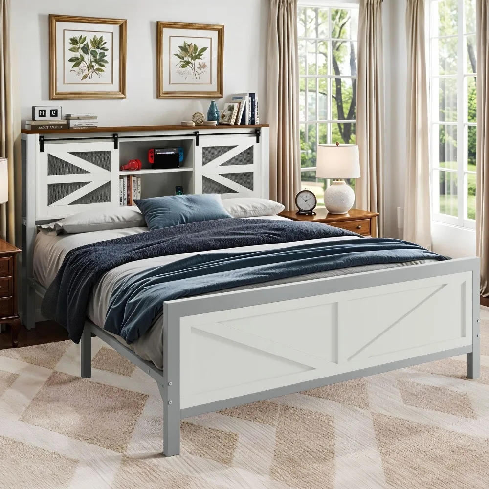 

Queen Size Bed Frame with Farmhouse Storage Headboard Cabinet