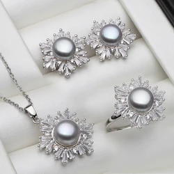 Real White Black Freshwater Natural Pearl Set Women,Wedding 925 Sterling Silver Necklace Earring Sets Jewelry Anniversary Gift