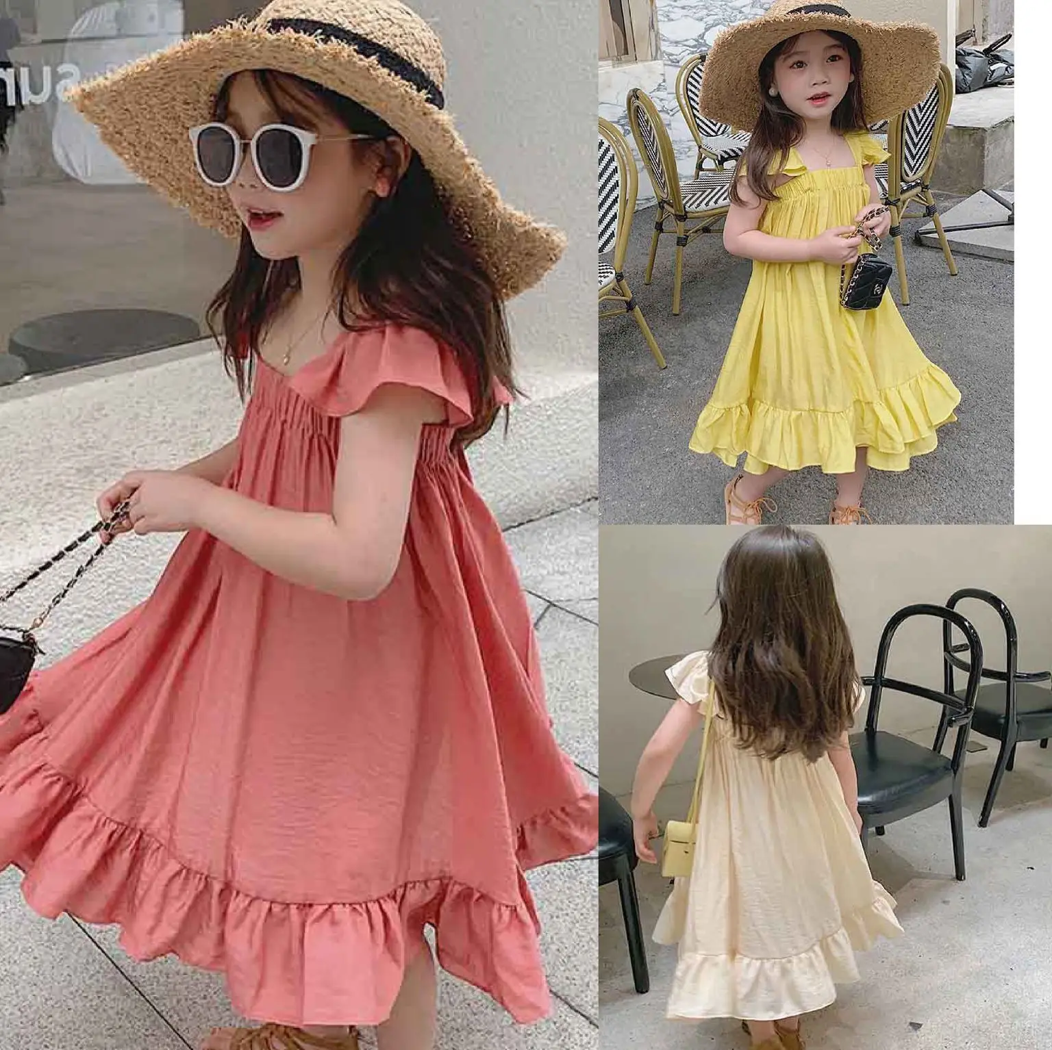

2025 Summer Girls' Pink Flutter Sleeve Dress Sweet Ruffle Hem Sundress with Elastic Top Vacation Playwear for Toddler Kids 2-7 Y