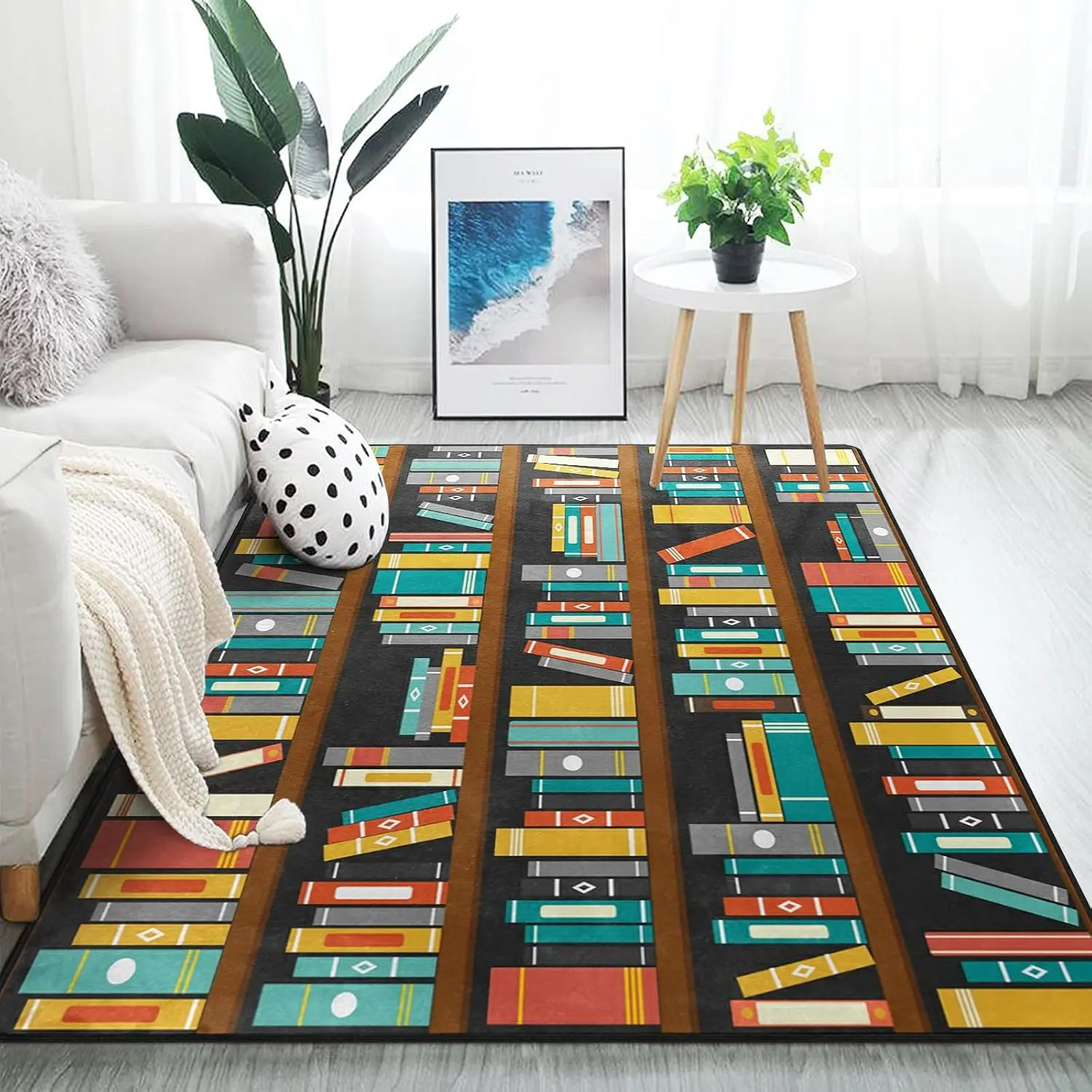 

Vintage Library Bookshelf Area Rug, Soft Cotton, 4'10" x 6'8", for Living Room Bedroom Decor