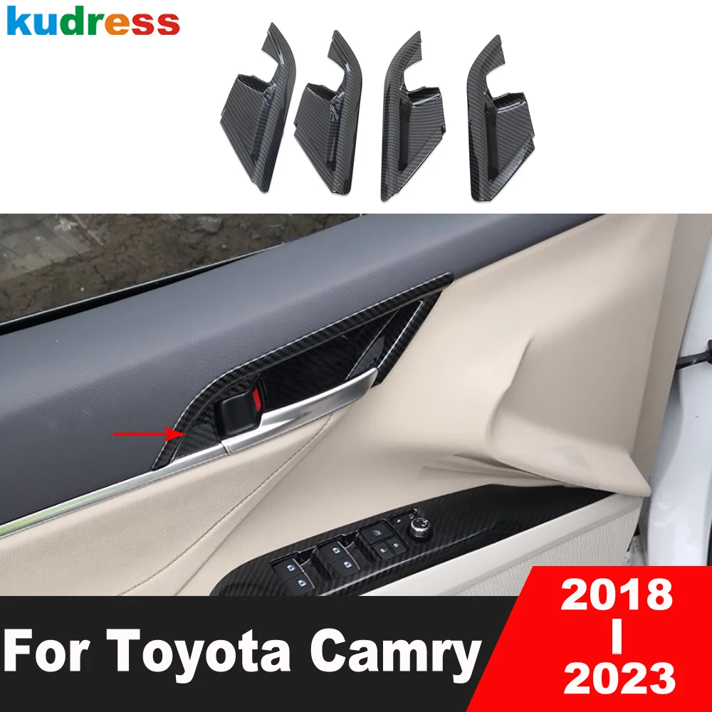 Klamka do drzwi wewnętrznych pokrywa misy tapicerka dla Toyota Camry 70 2018 2019 2020 2021 2022 z włókna węglowego styl akcesoria do wnętrza samochodu 4 sztuk