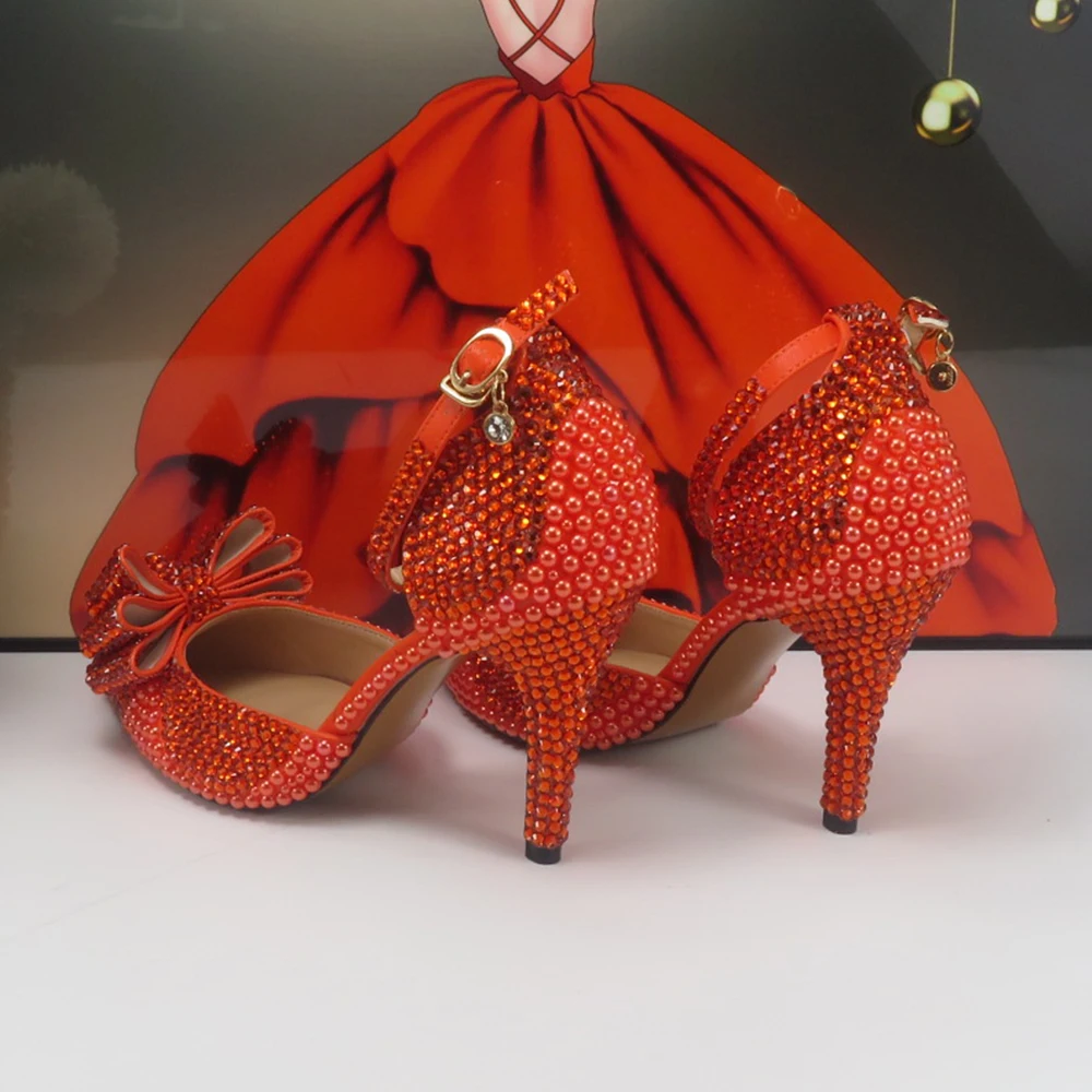 BaoYaFang New Arrival Orange Pearl Crystal wedding shoes and Bag Bridal Female Ladies Party Shoes Ankle Strap High Pumps