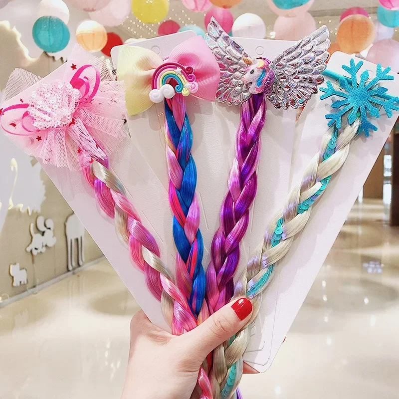 Girls Colorful Cartoon Unicorn Wig Braid Hair Rope Headgear Rainbow Snowflake Butterfly Girl Baby Headband Hair Accessories