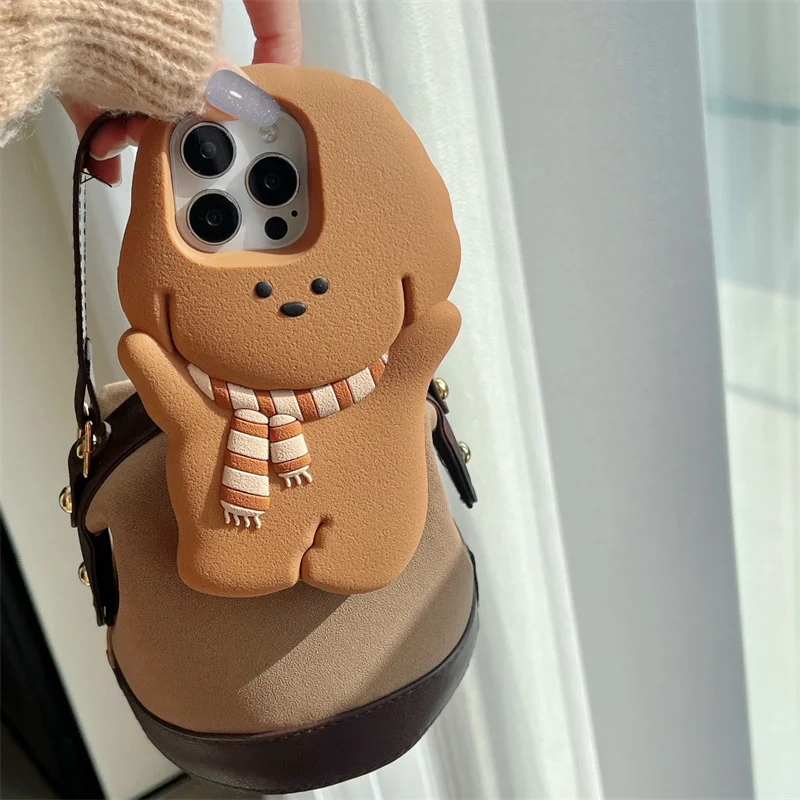 

3D Cartoon scarf Dog Silicone Protect Phone Cover For iphone 15 14 13 Pro Max 15promax Pink Cute Patterns for iphone 16pro case