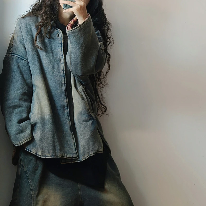 Neue Ankunft Winter Frauen Oansatz Einreiher Lange Ärmel Verdickt Parkas Lose Beiläufige Gute Qualität Baumwolle Denim Mäntel Y129