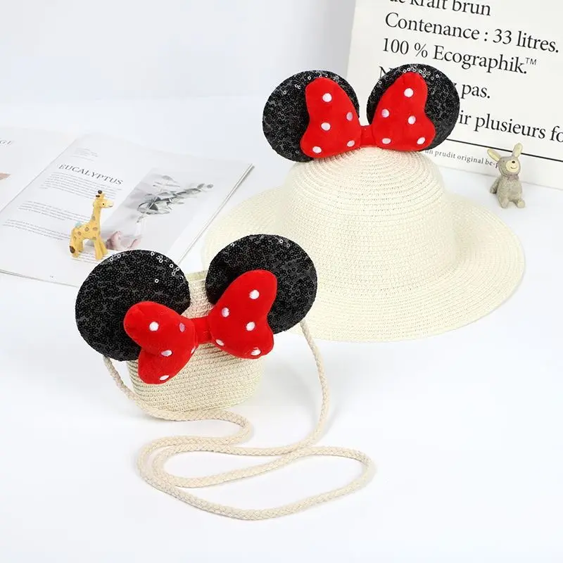 2 adet Disney Minnie Mouse Panama şapka bebek kız güzel kulak balıkçı şapka yay güneş kapaklar yaz kızlar çocuklar hasır kova plaj şapkaları