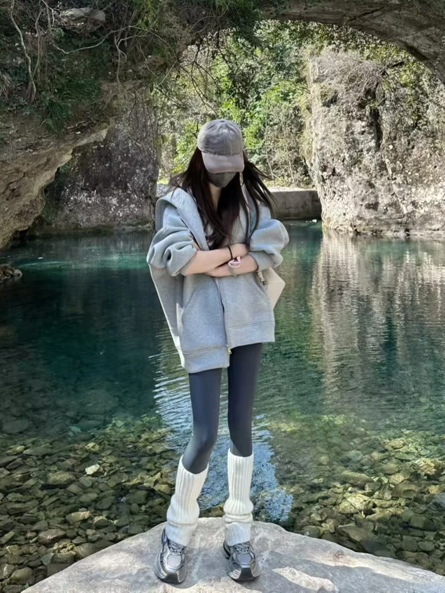 

Korean Sle Lazy ey Hoodie Jaet Women's Loose Oversize Heavy Thiened Fce Long Sve Zipper Closure Mid-Length Coat