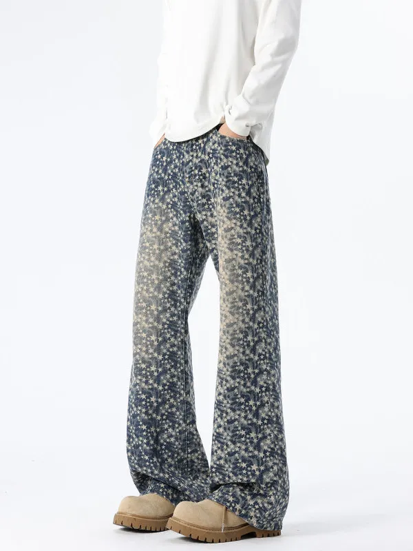 

TANGZ Studio Men's Straight Leg Jeans Star Print Slimming Knife High Street Sle Casual Cotton Denim mid Waist Zipper