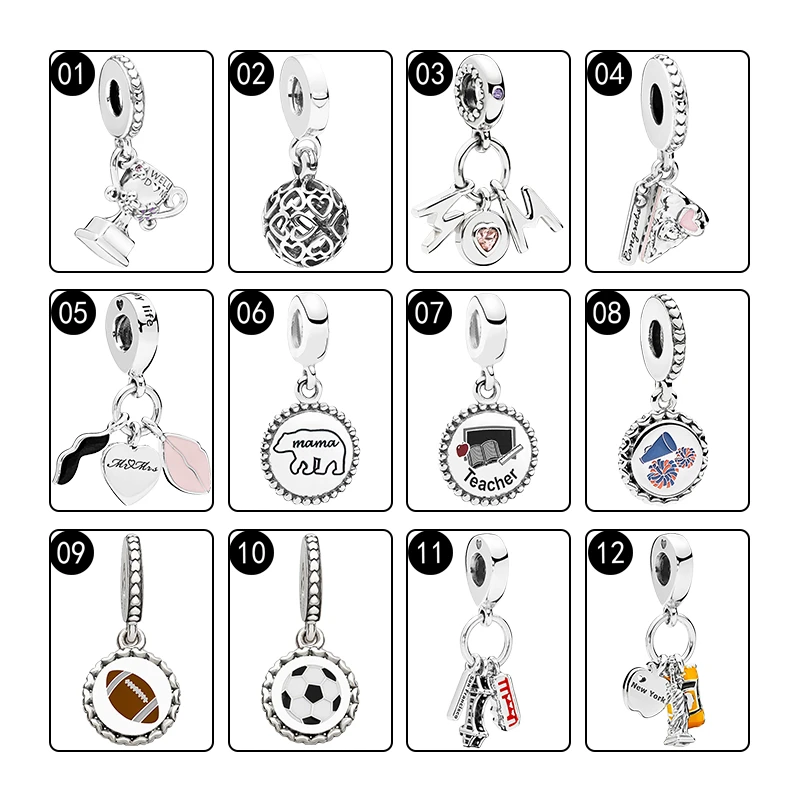 925 Silver Pendants Charms For Women Bracelets DIY Trophy Hearts Mom Cake Love Couple Bear Teacher Cheerleader Football Soccer