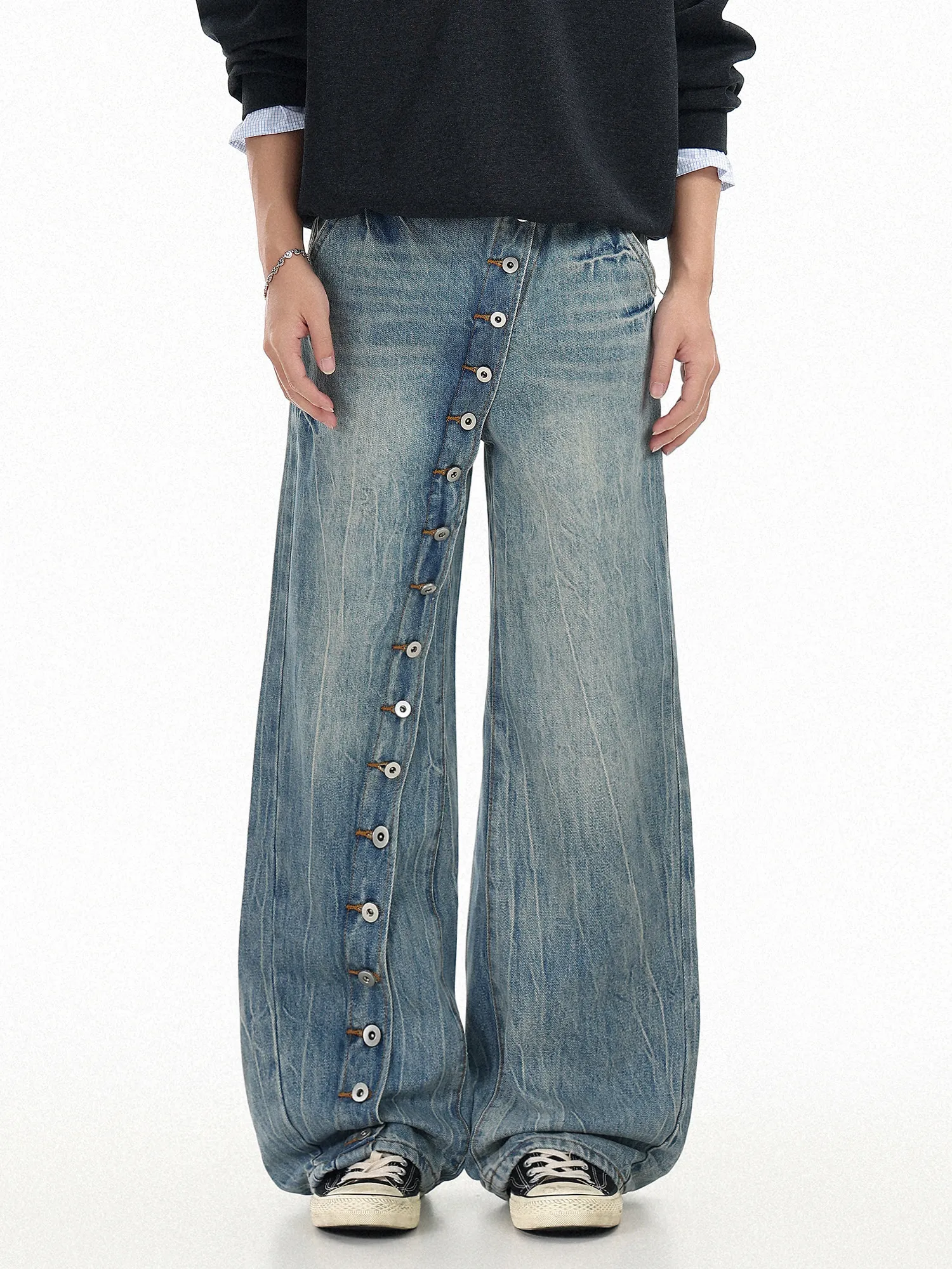 

Мужские джинсы в американском ретро-стиле с эффектом потертости, на нескольких пуговицах, свободного прямого кроя, с широкими штанинами, с оригинальным дизайном, модные длинные брюки