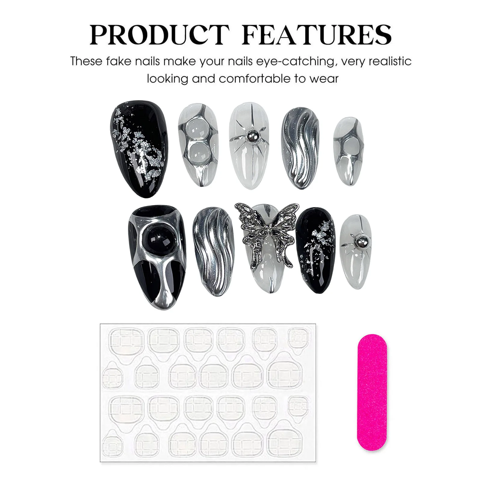 أظافر يدوية الضغط على الأظافر ، معدن ثقيل ، أسود ، فضي ، مرسوم يدويًا ، أظافر صناعية لوزية بتصميم فراشة ثلاثي الأبعاد ، أظافر اصطناعية بسيطة