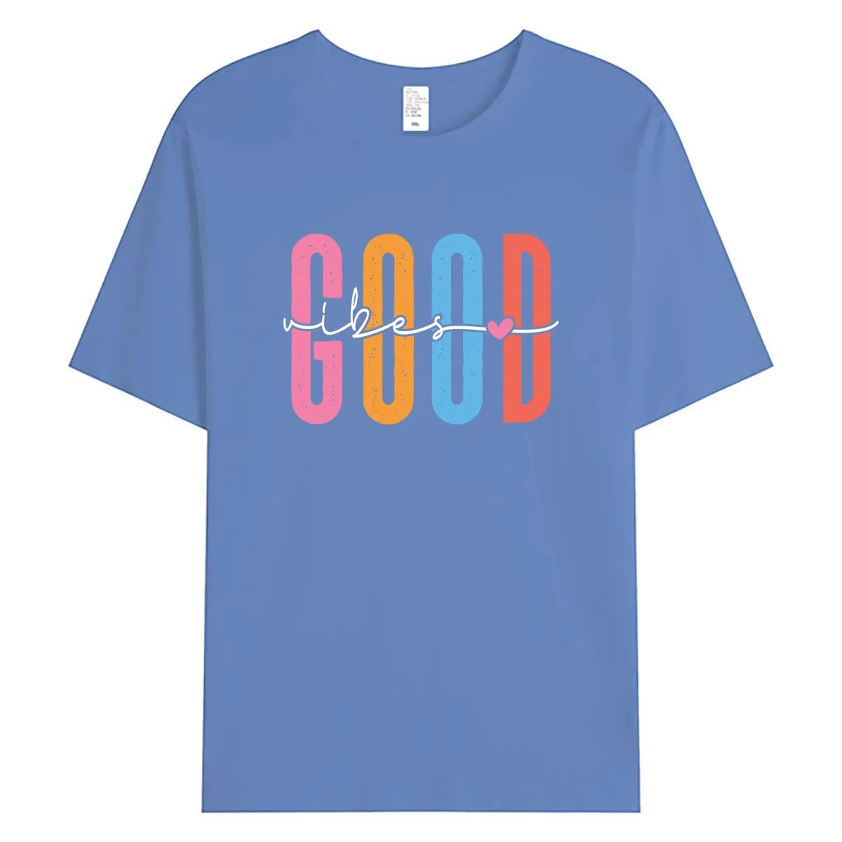 Good Vibes Colorful Heart Typography Women T-Shirt Positive Message Graphic Tee Summer Cotton Tops Casual Short Sleeve