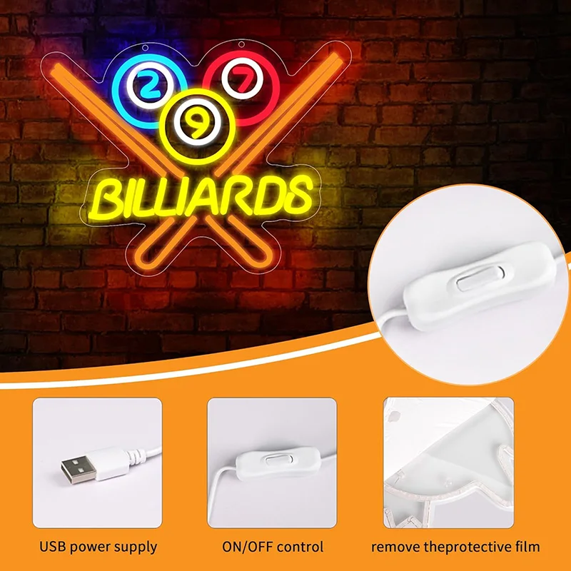 Billiards Neon Sign for Wall Decor Bright Led Neon Light for Business Sign Billiards Led Lights for Billiards Lover Neon Signs