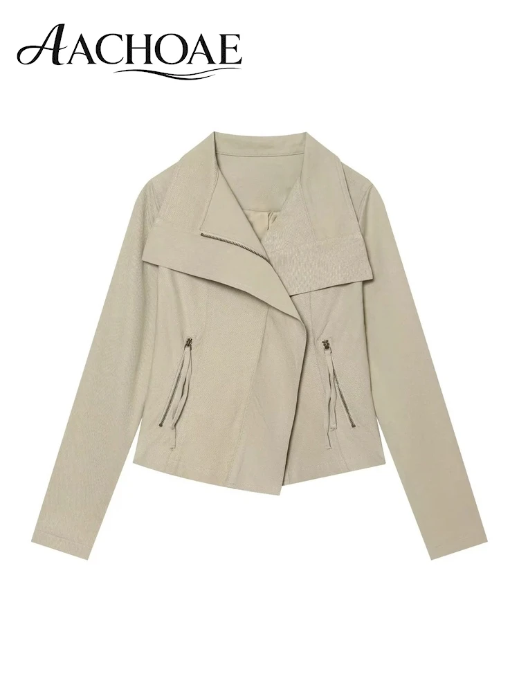 AACHOAE Women Asymmetric Collar Cropped Jacket High Neck Zip Up Slim Long Sleeve Zipper Pocket Minimalist Casual Outerwear