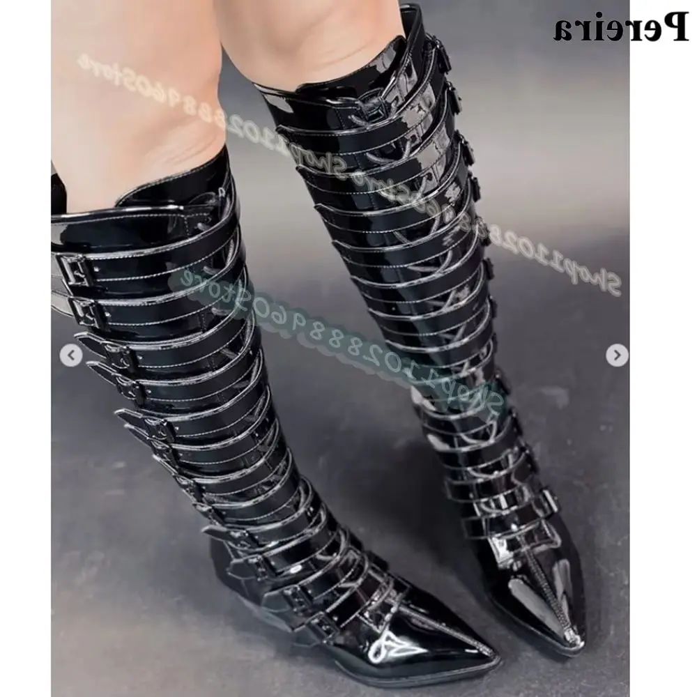 

Knee High Black Buckle Strap Patent Leather Boots Thick Heel Shoes For Women Back Zipper Pointed Toe Casual Stylish Women Boots