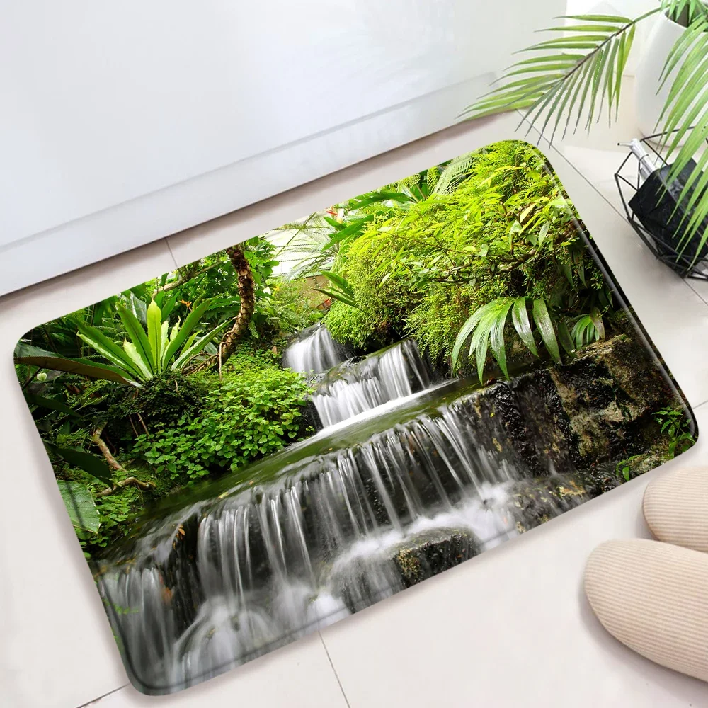 Rainforest Bath Mat, Waterfall in The Middle of Tropical Jungle Natural Scenery Countryside Style, Bathroom Decor Mat Non Slip