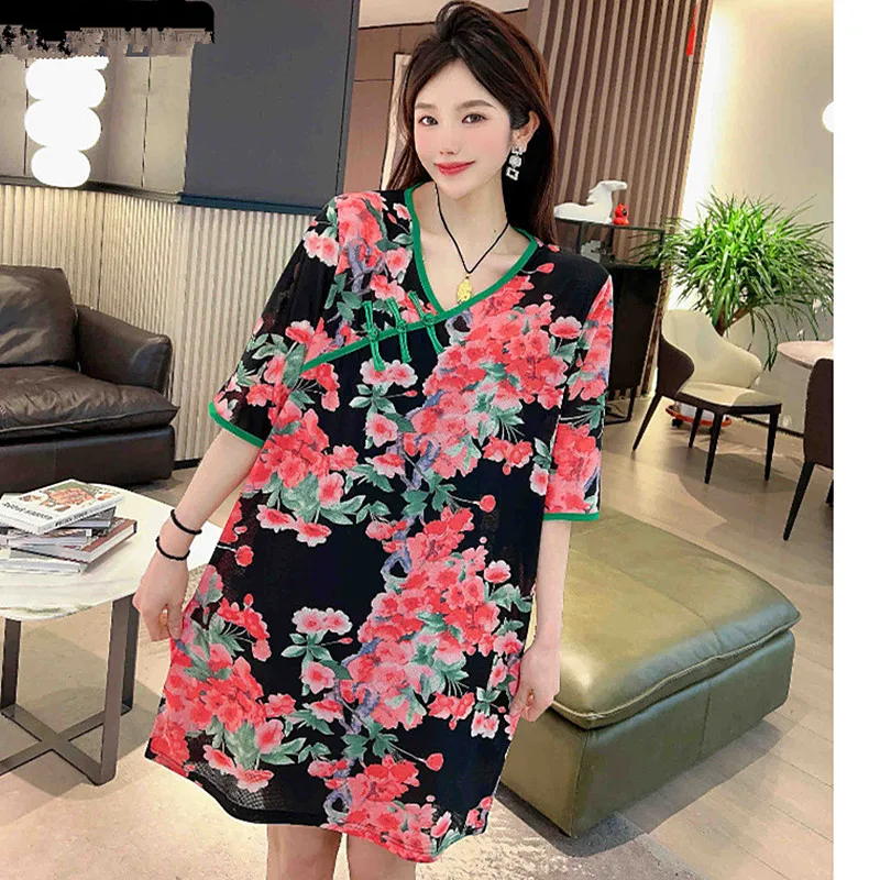 

XL-6XL Plus Size Sleepwear Women's New Short Sleeve Summer Night Dress Woman Vintage Printed Nightgown Loose Ladies Nightie