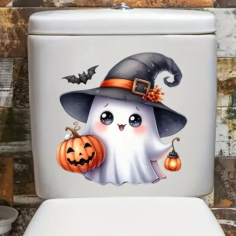 1 piece of Halloween toilet seat sticker - cute witch hat with pumpkin pattern, self-adhesive disposable bathroom decoration, ho