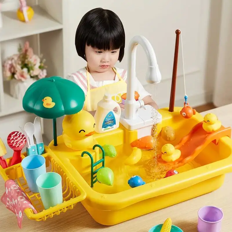 

Kids Kitchen Sink Toys Electric Dishwasher With Running Water Pretend Play Food Fishing Toy Role Playing Girls Gift
