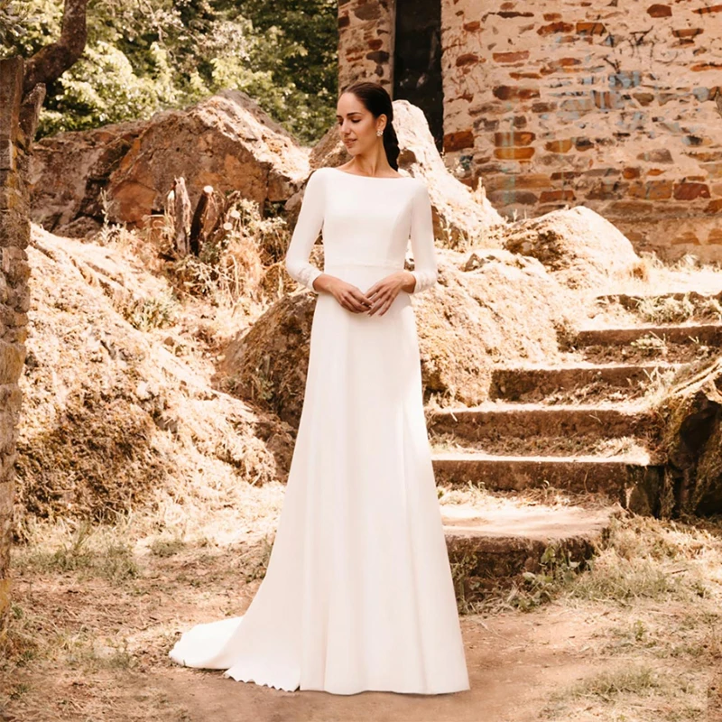 Vestidos de casamento simples com decote, elegantes vestidos de noiva cetim, mangas 3/4, tule com trem, botão traseiro