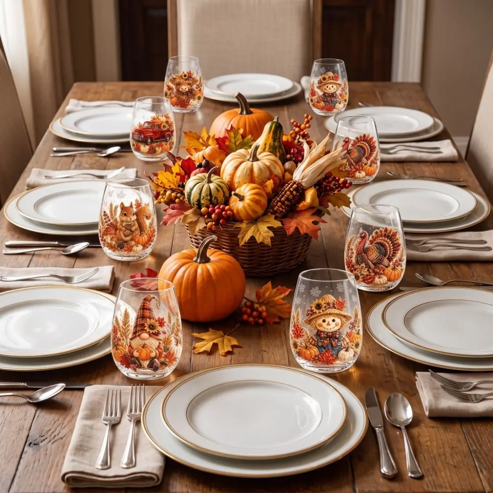 Autumn Celebration 2D Print Christmas Wine Glass Elf Thanksgiving Clear Stemless Glass Autumn Leaf Animal Coffee Mug Home Decor