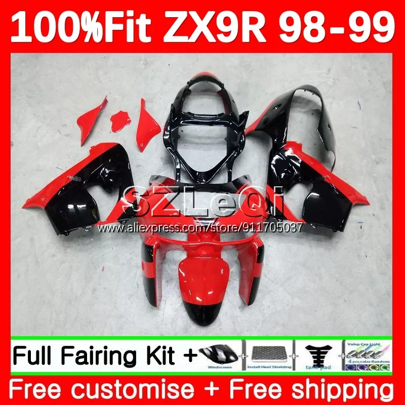 Body + Decal For KAWASAKI NINJA ZX9 Factory Red ZX 9R 9 R 900 CC ZX9R 98 99 105No.25 ZX900 ZX-9R 1998 1999 Injection Fairings