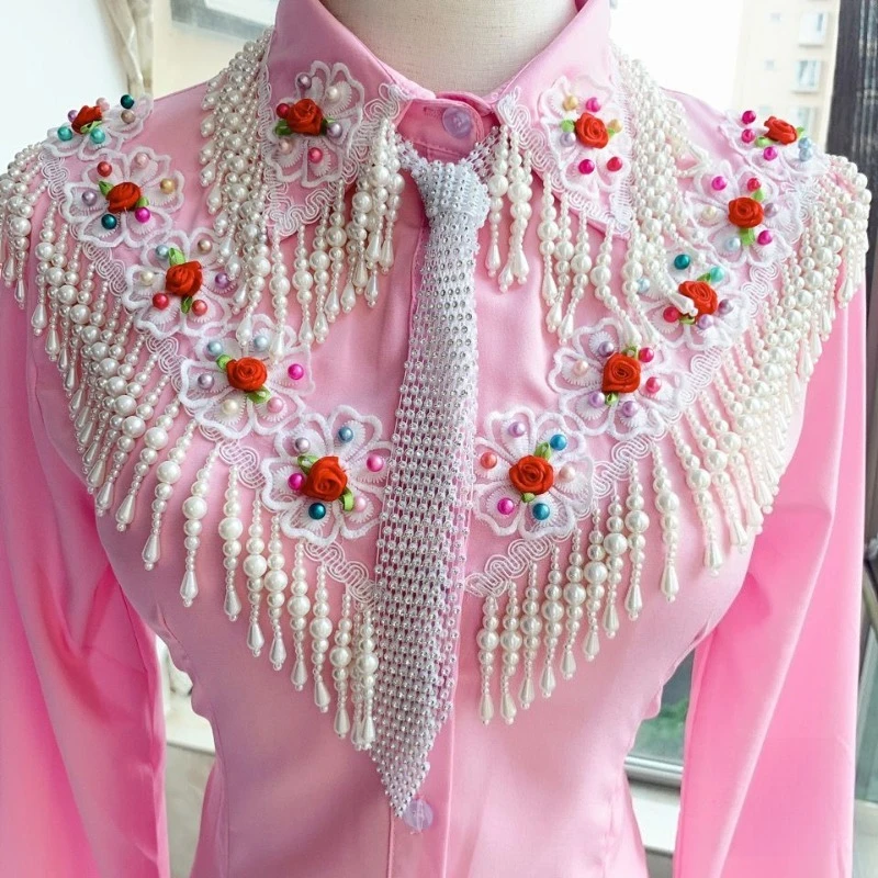 

Роскошные хлопковые женские рубашки ручной работы с бриллиантами и кисточками из бисера, 3D цветочной вышивкой, укороченные топы с жемчугом и бахромой, цветочной вышивкой