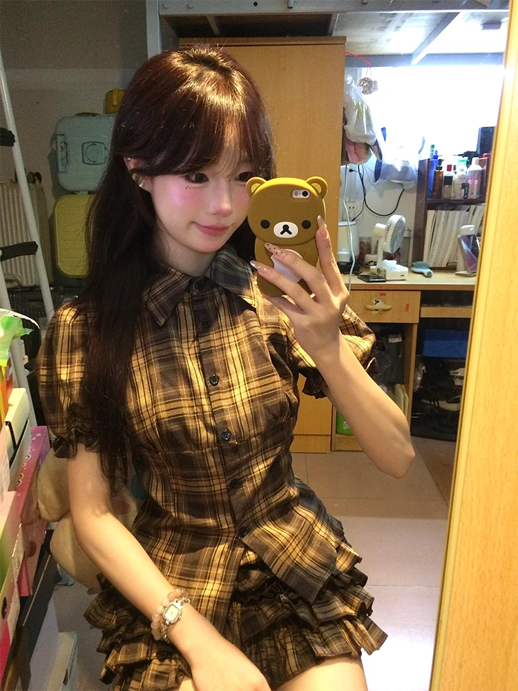 Vintage Plaid Bubble Sve irt And Cake ort Skirt Two Piece Set Women's Faion Slimming School Sle Summer Outfit